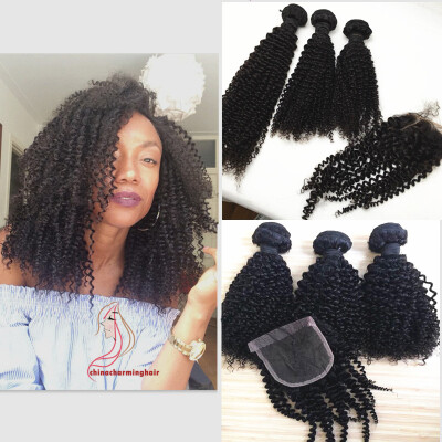 

3 Bundles Brazilian Kinky Curly Virgin Human Hair Waves With Closure kinky curly Hair And Lace C