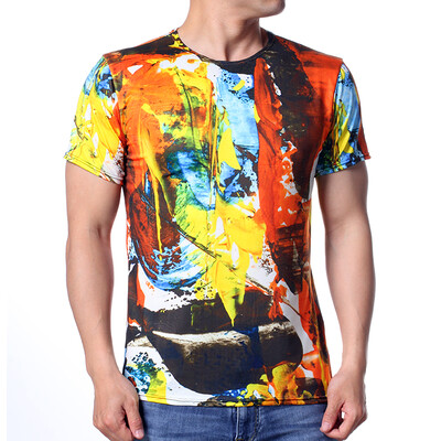 

Mens Summer Top Oil Printed Slim Fit Short Sleeved Shirt