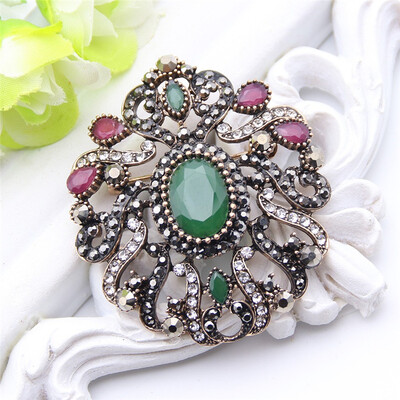 

New Arrived Turkish Rhinestone Brooch Women Ethnic Flower Jewelry Antique Gold Color Multicolor Resin Brooches Broches Bijoux