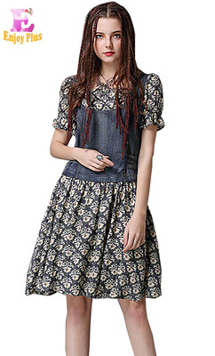 

S M L elegant cotton new summer 2018 vintage print dress women short sleeve jeans denim knee length a line faux two piece bo