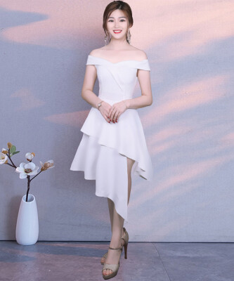 

Evening dress new winter short paragraph banquet dress female fashion word short shoulder long after the annual party dress