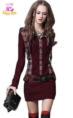 

S M L High Quality chest 86-92cm vintage cotton fall winter 2017 mini women sweater dress long sleeve red plaid bandage hooded