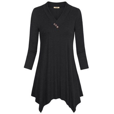 

Womens 34 Sleeve V-Neck Handkerchief Hem Tunic Tops Long Style Spring Summer Casual Soft Solid Tops Female Large Size T-Shirt