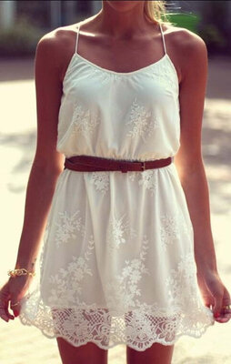 

Women Sexy Flower Floral Lace Casual Spaghetti Strap Short Mini Dress with Belt