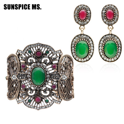 

2pcs Sets Vintage Bracelet Earring Turkish Women Antique Gold Color Round Resin Jewelry Sets Flower Bangle Long Dangle Earrings
