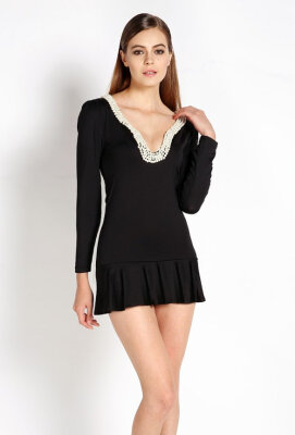 

Women's Long Sleeve Mini Short Pearls Prom Dresses Party Dress Gowns Black