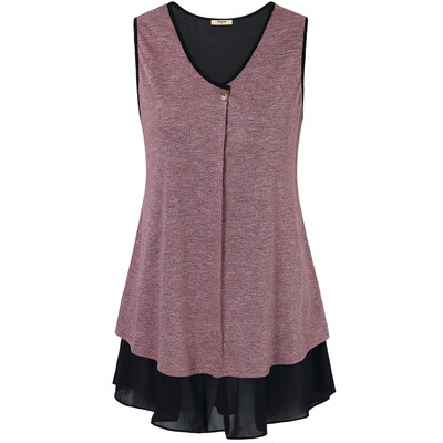 

Timeson Summer Style Sleeveless Women Long Tunic Tops V-Neck Patchwork Chiffon Curved Hem T-shirt Knitted Women T-shirt Top