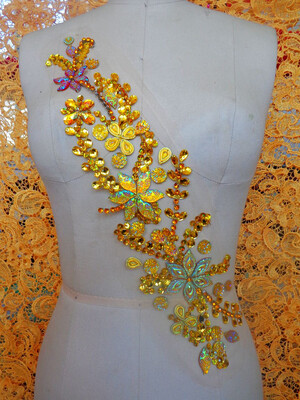 

Handmade golden crystal trim patches sew on Rhinestones applique with stones sequins beads 4211cm for dress skirt