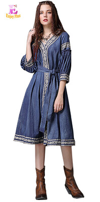 

M L elegant cotton new spring 2018 long jeans dress women three quarter sleeve denim a line mid calf v neck embroidery belt