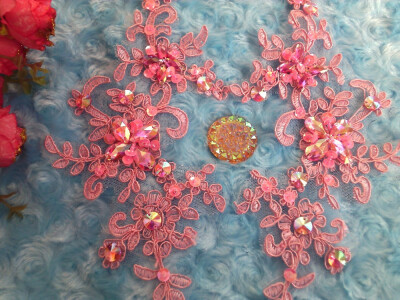 

Handmade crystal sequins Rhinestones patches sew on Pink lace applique Delicate embroidered 2310cm for top dress