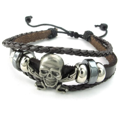 

Hpolw Mens Womens Leather Bracelet, Braided Gothic Pirate Skull Charm Bangle, 7-9 inch Adjustable, Brown