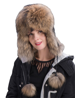 

MsMinShu Fox Fur Hat Womens Genuine fox fur Trapper Hat with pom pom Russian Fur Hat Unisex Winter Earflap Natural Fox Fur Cap