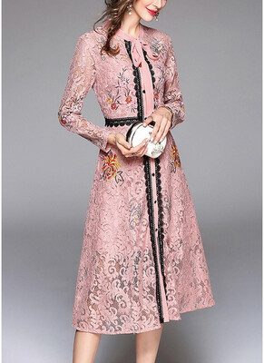 

2018 Women Elegant Lace Dress Tie Neck Long Sleeve Vintage Party Dress