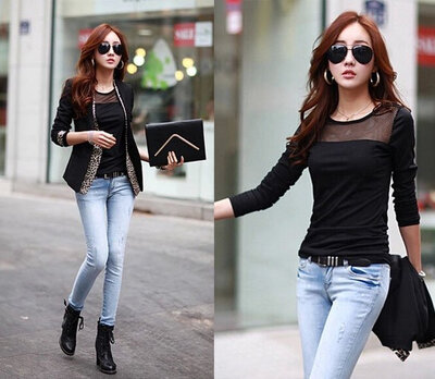 

Stylish Lady Womens New Fashion Sexy Long Sleeve Net Stitching Bottoming T-Shirt