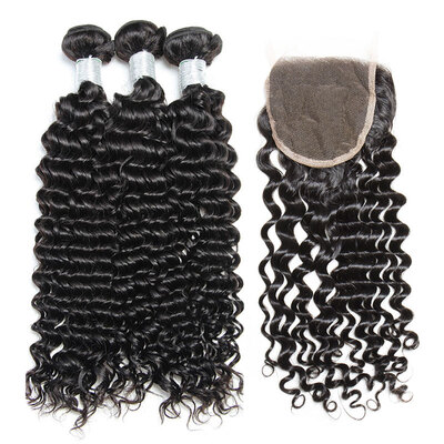 

8A Peruvian Curly Virgin Hair With Closure 4Pcs Lot 100 Peruvian Remy Human Hair Weaves 3 Bundles And Lace Closures Natural Black