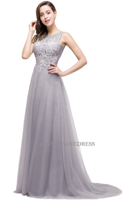 

Scoop Neck Lace Long Evening Dresses Tulle Applique Robe De Soiree Floor Length Formal Gowns Prom Party Dresses