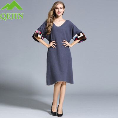 

Womens cashmere dress winter woolen dress Thick warm Mid-long loose mink cashmere Half-sleeve V-neck wool dress plus sizes XXL