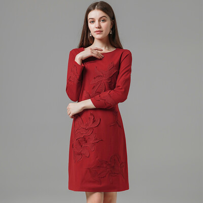 

Womens wool dress in winter female woolen dresses embroidery Stereo flower solid color elegant female spring dress plus sizes