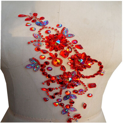 

Handmade red bead stones patches trim sew on Rhinestones applique crystals 3013cm for dress accessory
