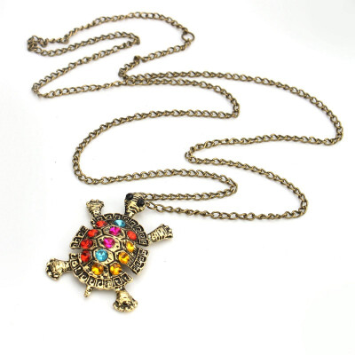 

Fashion Style Cute Turtle Pendant With Colorful Diamond Sweater Necklace Jewelry