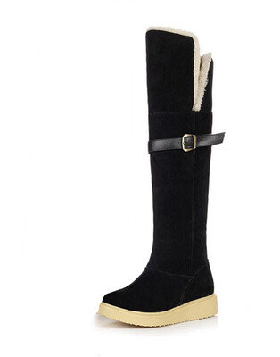 

Women Winter Warm Pull on Snow boot Faux Suede Fur Lining Knee High Buckle shoe