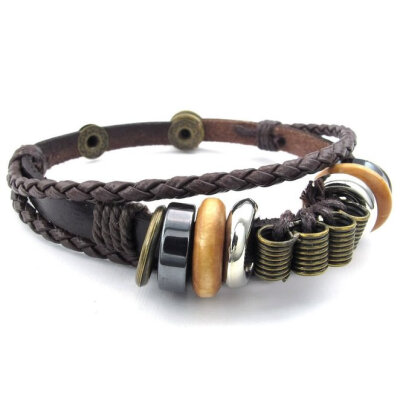 

Hpolw Mens Womens Leather Bracelet, Braided Tribal Charms Wrap, Brown