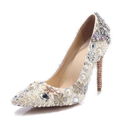 

Rice white Butterfly drill buckle Pearl lace Slender heel single shoe Fashion high heel shoes
