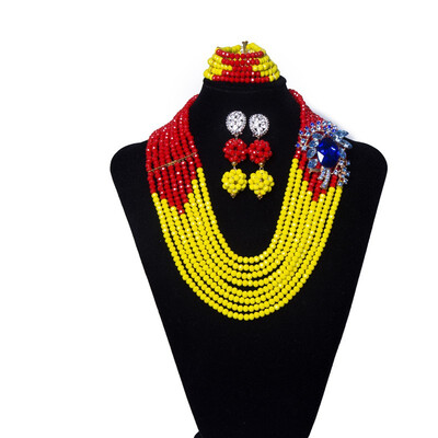 

Fashion 8 Row Yellow Red Necklace Sets For Women African Beads Jewelry Set Nigerian Wedding Dubai Bridal Jewelry Set Free Shipping
