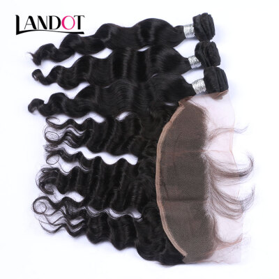 

8A Indian Loose Wave Virgin Hair With Lace Frontal Closure 3 Bundles Wavy Curly Human Hair Weaves Closures 4 Pcs Lot Natural Black