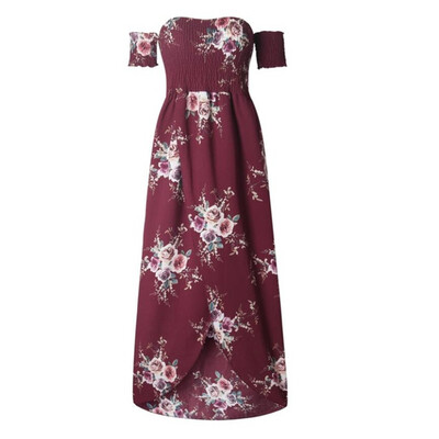 

Boho style long dress women Off shoulder beach summer dresses Floral print Vintage chiffon white maxi dress vestidos de festa