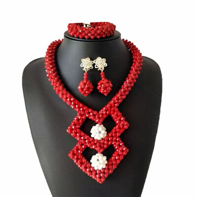 

Handmade Red And White Color Jewelry Nigerian Bride Bridal Crystal Beads Statement Necklace African Wedding Jewelry Set For Women
