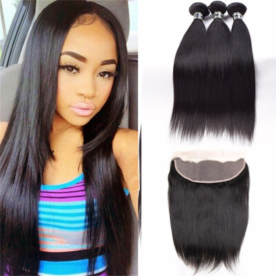 

Amazing Star Malaysian Virgin Hair Straight Bundles with Frontal Straight Human Hair with Lace Closure 13x4" Full&Thick