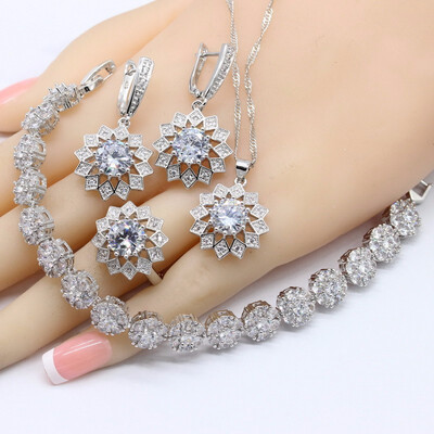 

2018 New White Topaz 925 Silver Wedding Jewelry Sets For Women Necklace Pendant Earrings Rings Bracelets