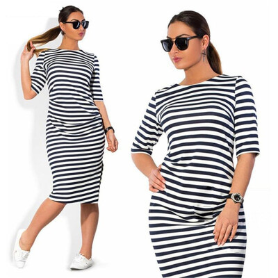 

Sakazy Women Summer Dress Half Sleeve Casual Black And White Stripes Dresses Plus Size Women dress