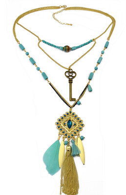 

Idealway New Fashion Bohemia Style Gold Plated Alloy Chains Natural Turquoise Beads Crystal Key Feather Thread Tassel Chain Pendant Long Necklaces Women Jewelry