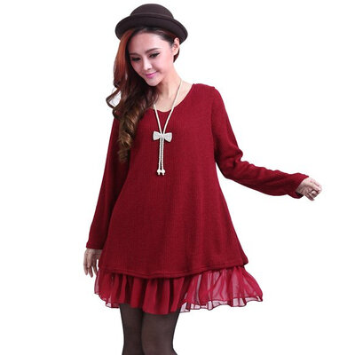 

Ladies Pregnant Long Sleeve Knit Wool Bowknot Tops Mini Loose dress 3 Colors