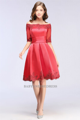 

A-line Off-shoulder Half Sleeves Short Lace Appliques Prom Dresses 2018 Homecoming Dress
