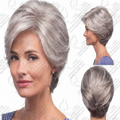 

QianBaiHui Short Hair Wigs Synthetic Short Bob Wigs Full Wig for White Women Silver Gray Color Wigs Straight hair Cosplay Wig