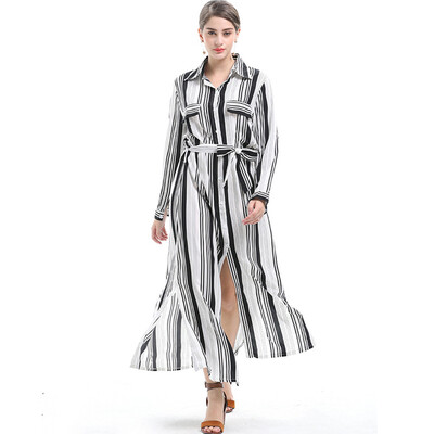

BURDULLY Women Long Dress Elegant Big Size Casual Summer Black White Striped Loose Dress For Work And Office Oversized Dress