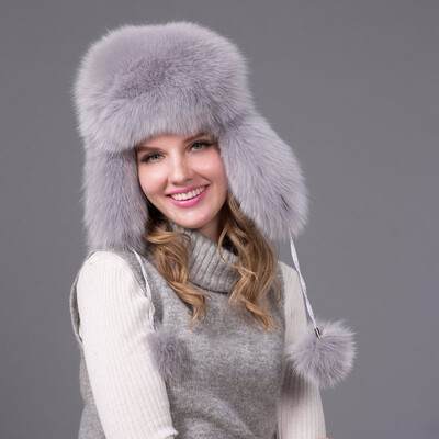 

FURART hot warm autumn&winter female Fox fur bomber hat snow cap fur womens hat ladies leather ear caps