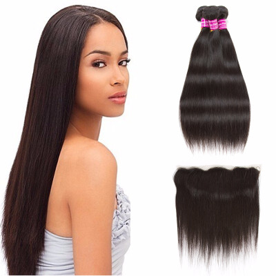 

Straight Brazilian Virgin Human Hair Bundles with 13x4 Frontal 100 Unprocessed Human Hair Weave