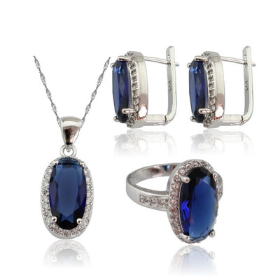 

Fashion Dark Blue Stone Silver Plated Jewelry Sets for Women Pendant Clip Earring Ring Three Colors Available Free Jewelry Box