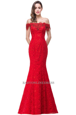 

Elegant Crystal Beaded Red Royal Blue Lace Mermaid Long Evening Dresses 2018 Prom Party Dress