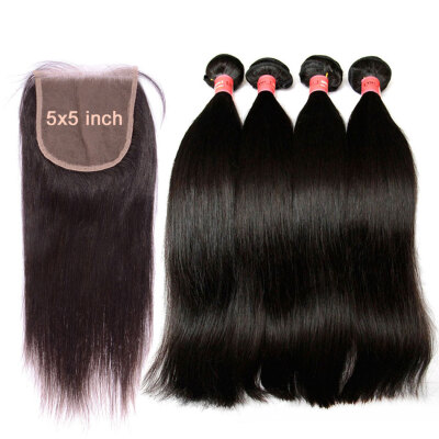 

10A 5x5 Lace Closure With 3Bundles Unprocessed Malaysian Virgin Human Hair Weave Straight And Closure Natural Color Can Bleach 613