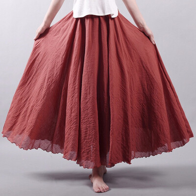 

Linen Cotton Long Pleated Skirts Women Elastic Waist Maxi Skirts Beach Party Vintage Summer Skirts Faldas Saia