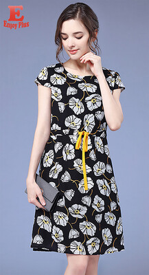 

L XL XXL 3XL 4XL 5XL chiffon elegant new summer 2018 women dress short sleeve large size black flower print A line elegant belt