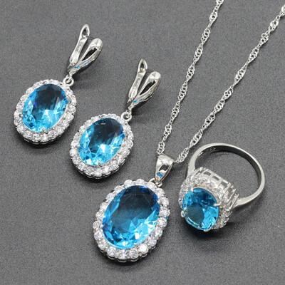 

Oval White Stone Silver Plated Jewelry Sets for Women Necklace Dangle Earrings Ring Six Colors Available Free Jewelry Box