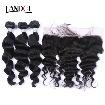 

8A Peruvian Loose Wave Virgin Hair With Lace Frontal Closure 3 Bundles Wavy Curly Human Hair Weave Closures 4Pcs Lot Natural Black