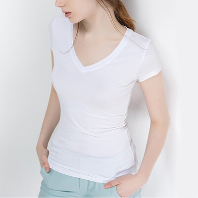 

Canvaus Summer New Modal Slim Solid Simple V-neck Short-sleeved Basic Womens T Shirt