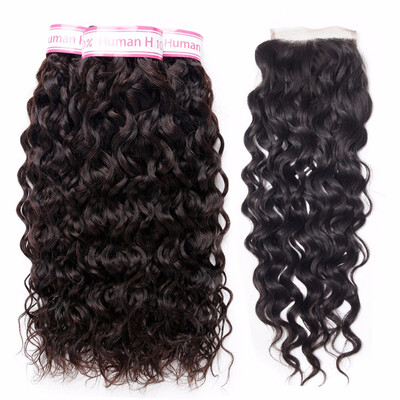 

HCDIVA Water Wave Bundles With Closure Virgin Human Hair 3 Bundles With Closure 44 inch Brazilian Hair Bundles With Closure